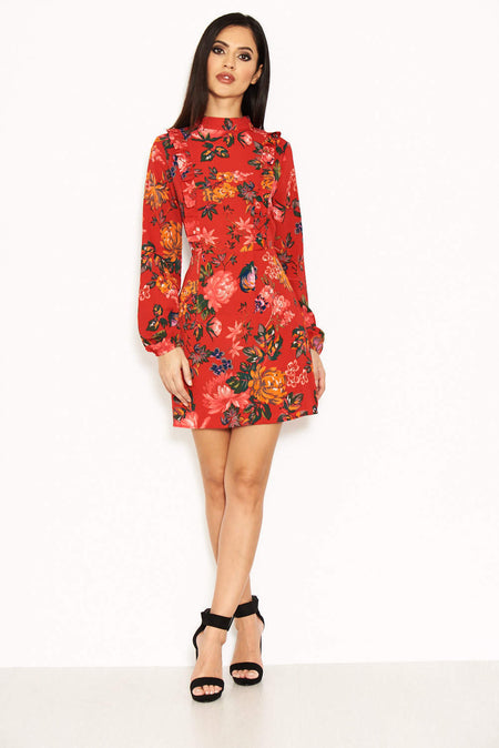 Red Floral Long Sleeve Frill Dress