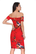 Red Floral Off The Shoulder Midi Dress