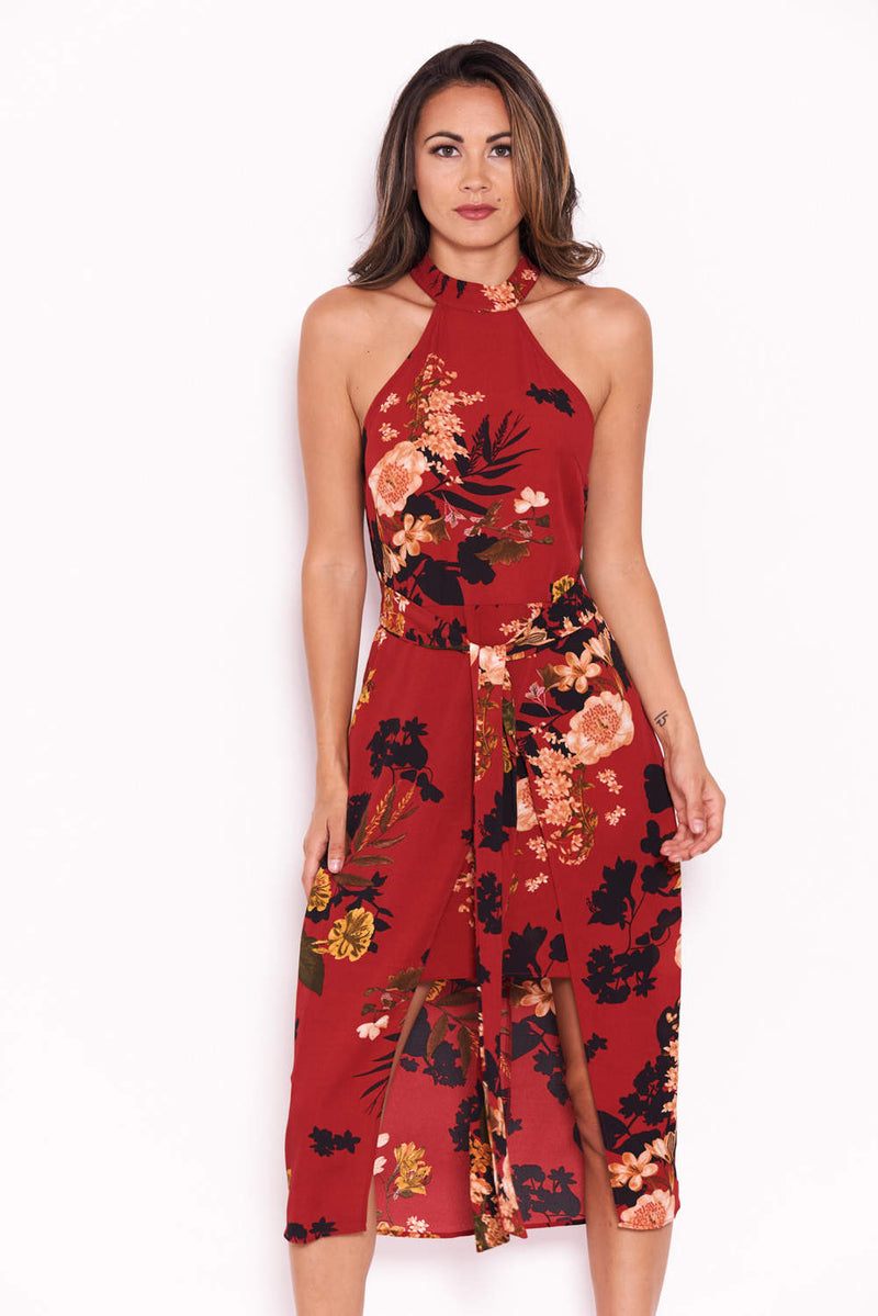Wine Floral Choker Dress AX Paris