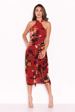 Wine Floral Choker Dress