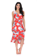 Red Floral Print Sleeveless Wrap Over Dress
