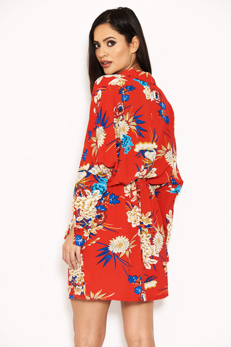 Red Floral Print Tie Waist Shirt Dress