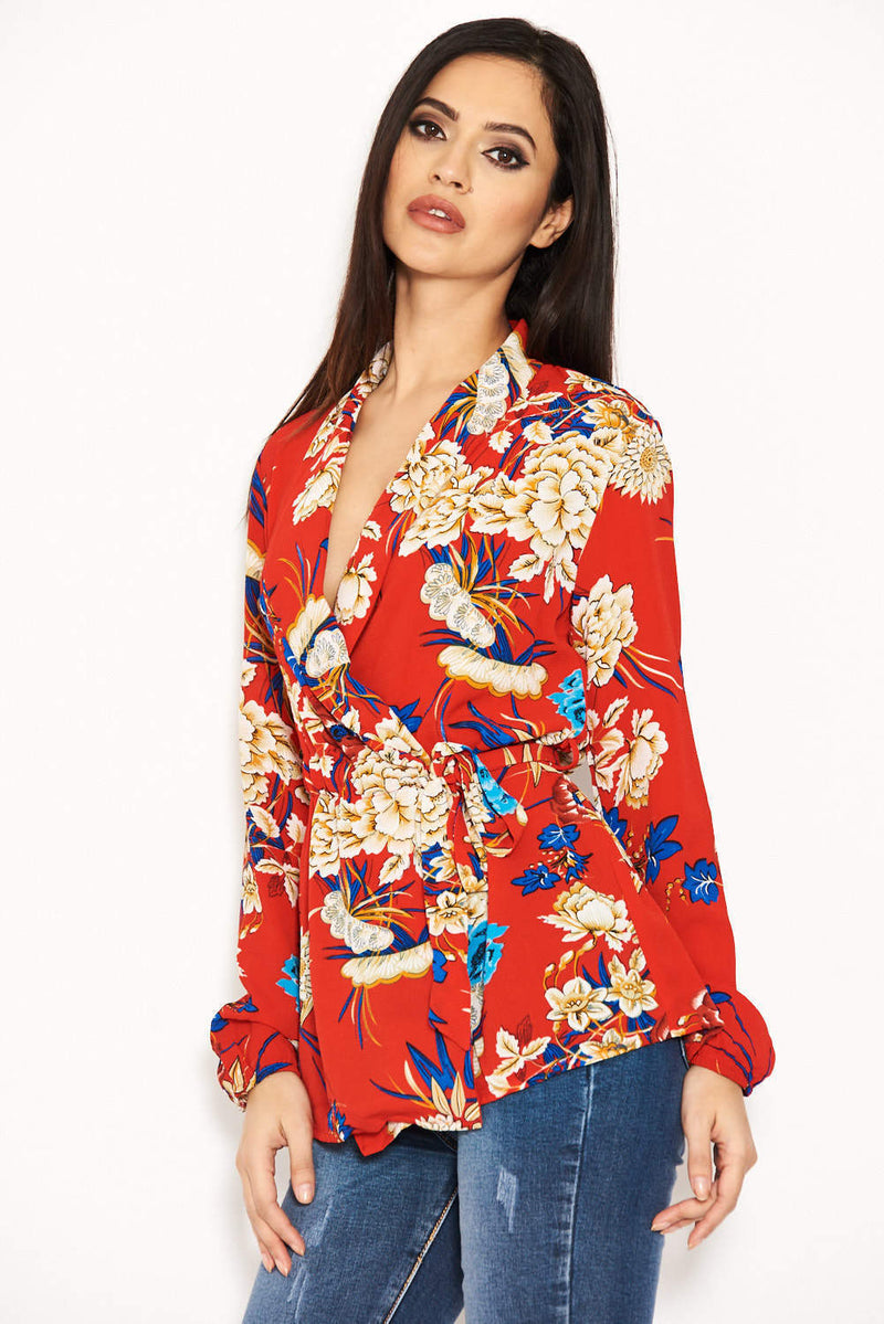 Red Floral Print Tie Waist Top