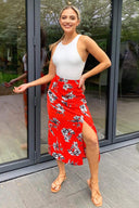 Red Floral Printed Split Front Skirt