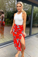 Red Floral Printed Split Front Skirt