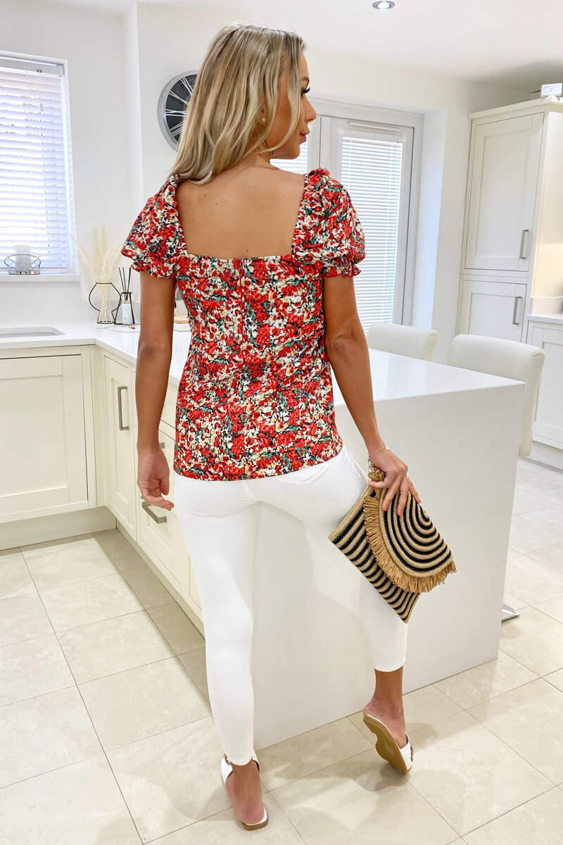 Red Floral Printed Square Neck Top
