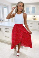 Red Floral Printed Wrap Over Skirt