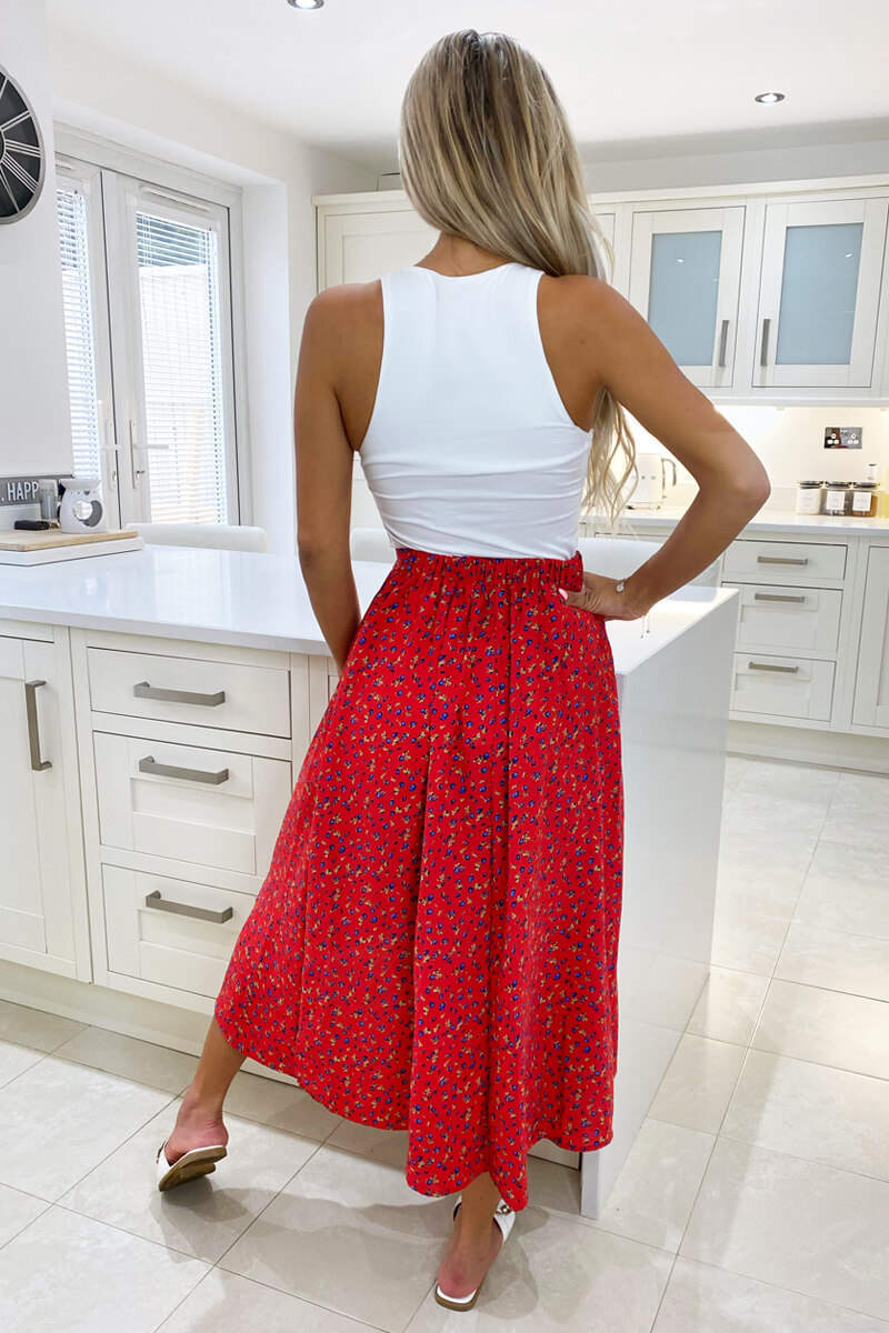 Red Floral Printed Wrap Over Skirt