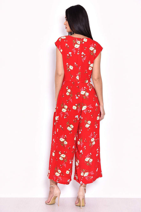 Red Floral Short Sleeved Jumpsuit