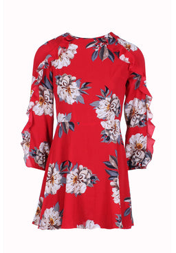 Red Floral Skater Dress With Frill Detail