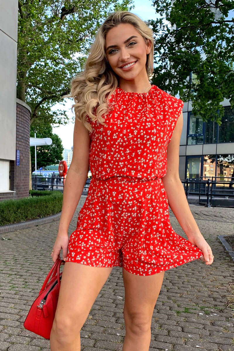 Red Floral Sleeveless Playsuit