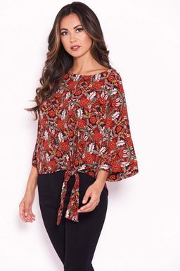 Red Floral Wide Sleeve Top