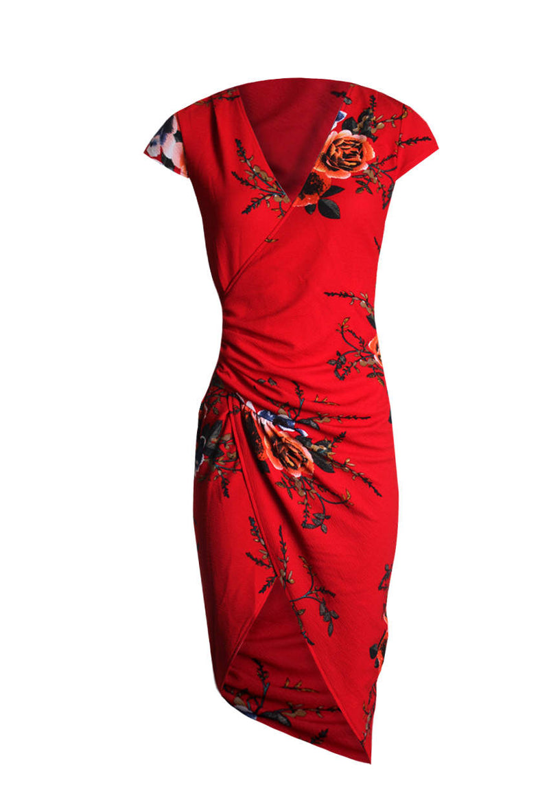 Red Floral Wrap Dress