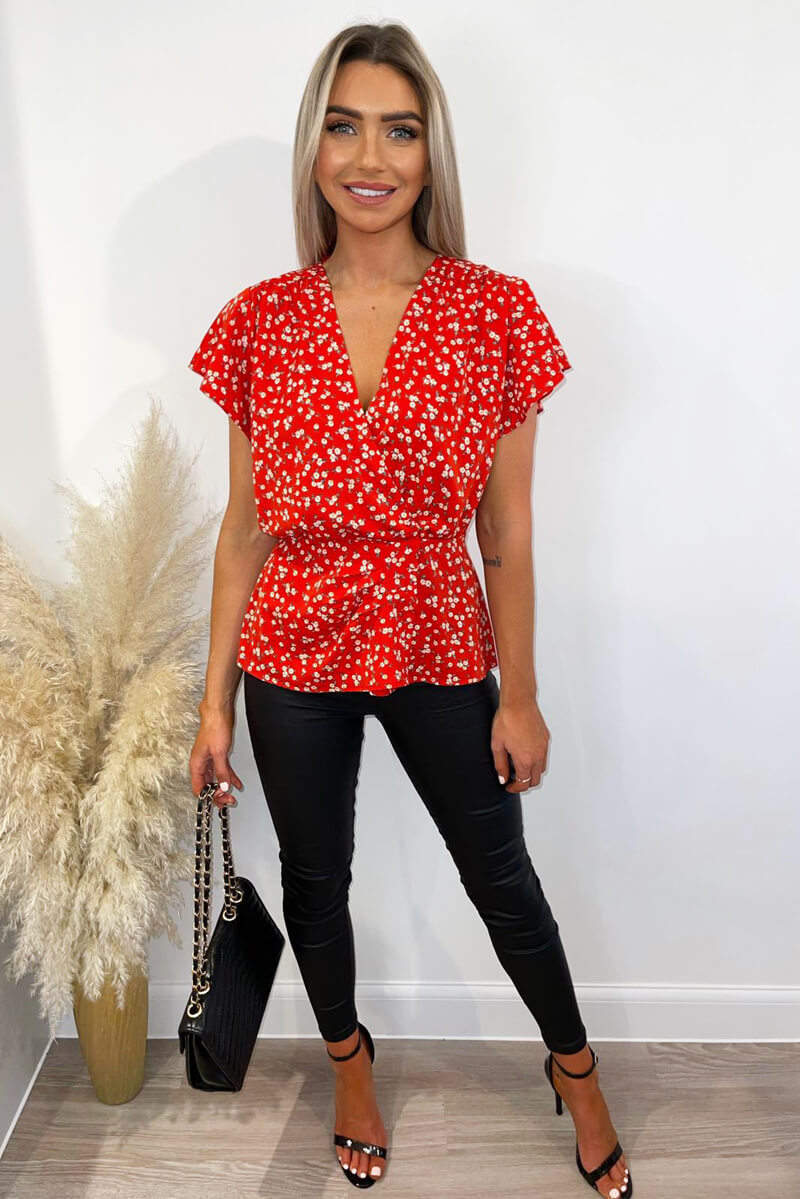 Red Floral Wrap Over Peplum Top