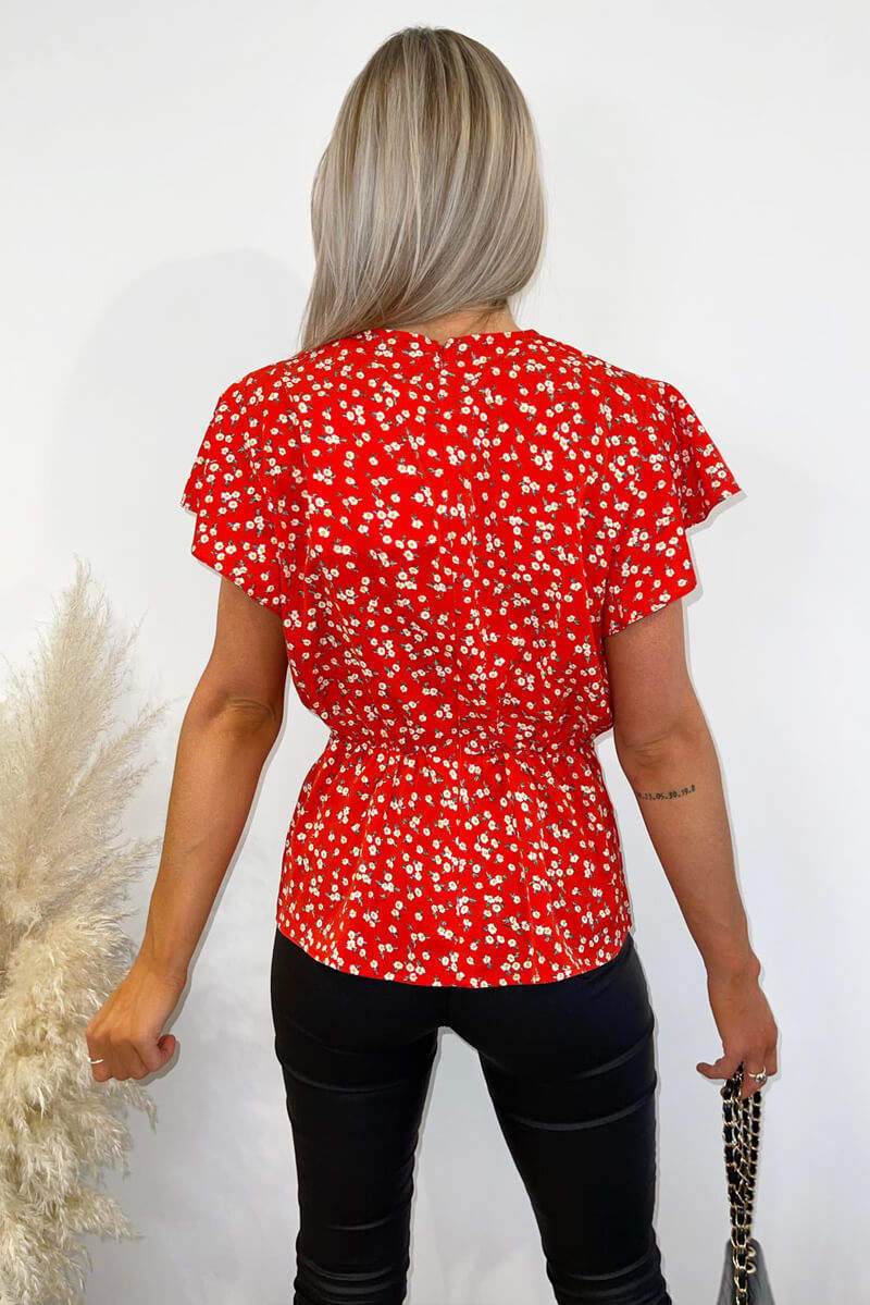 Red Floral Wrap Over Peplum Top