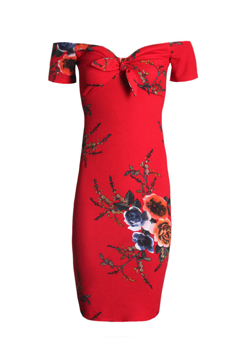 Red Floral Off The Shoulder Midi Dress