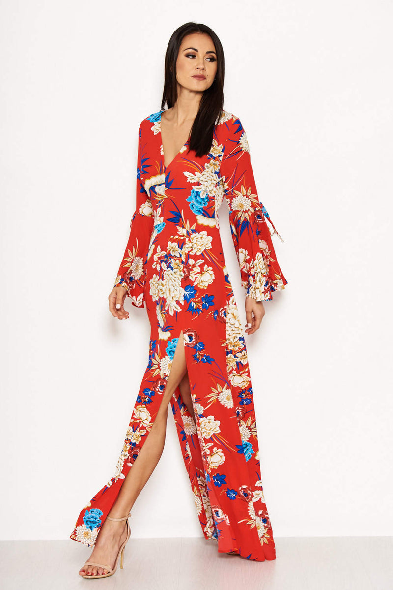 Red floral print kimono maxi dress top