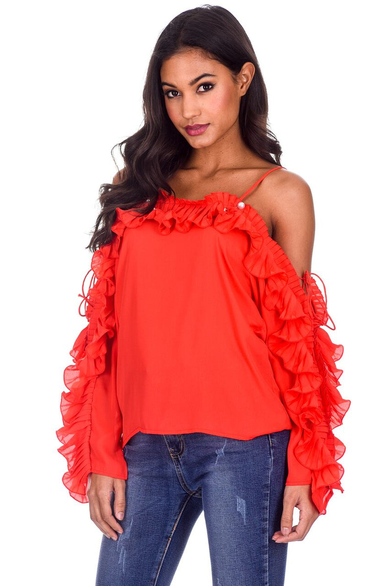 Red Frill Detail Off The Shoulder Top