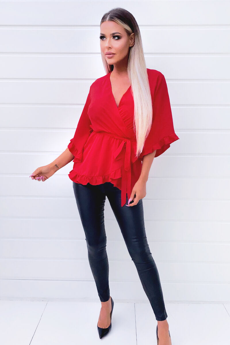 Red Frill Wrap Top