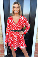 Red Heart Print Long Sleeve Wrap Skater Dress