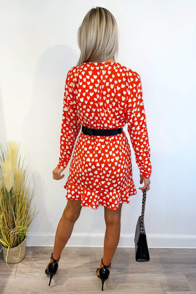 Red Heart Print Long Sleeve Wrap Skater Dress