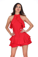 Red Choker Neck Frill Detail Playsuit
