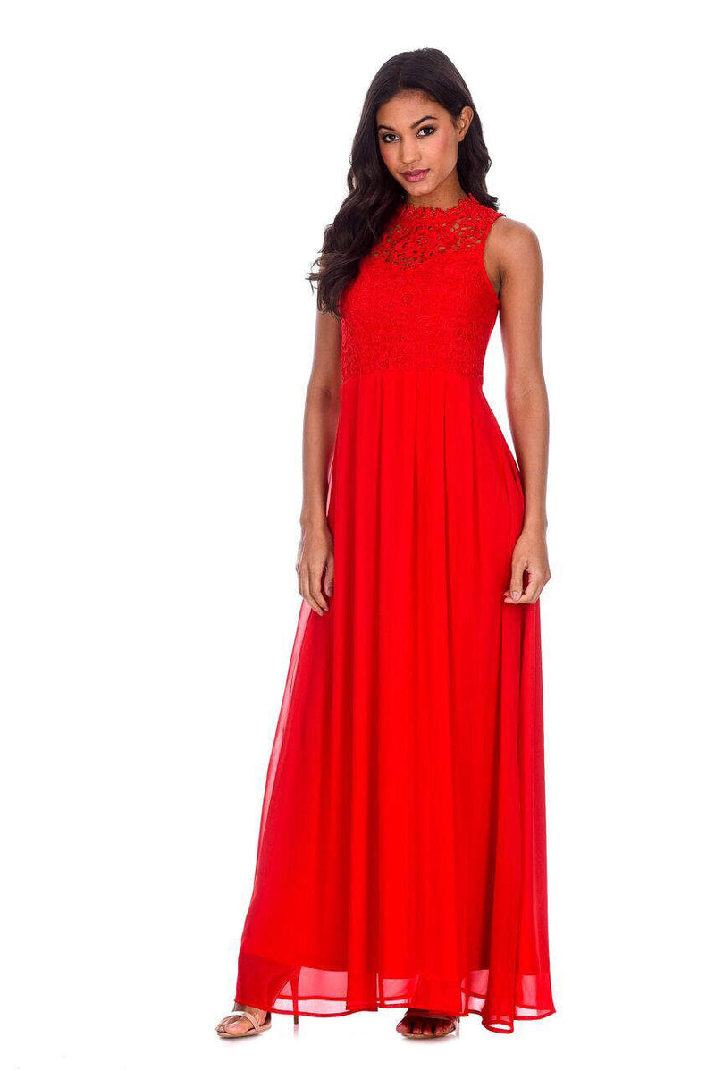 Red High Neck Crochet Maxi Dress