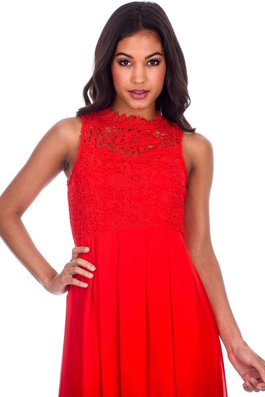 Red High Neck Crochet Maxi Dress