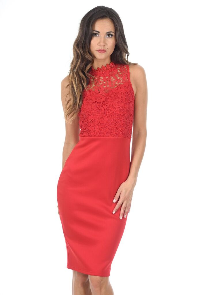 Red High Neck Crochet Bodycon Dress