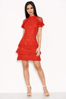 Red High Neck Lace Layer Frill Mini Dress