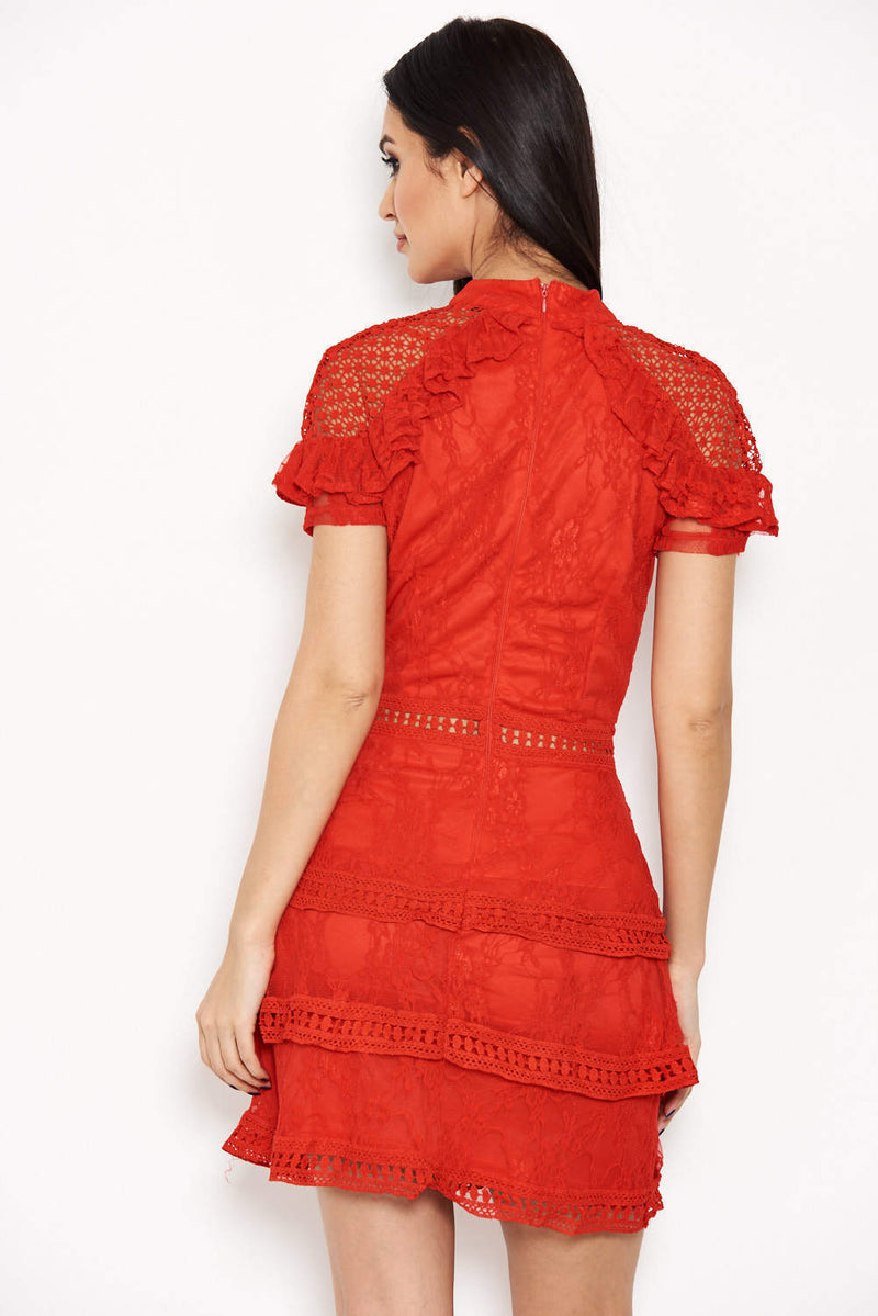Red High Neck Lace Layer Frill Mini Dress – AX Paris