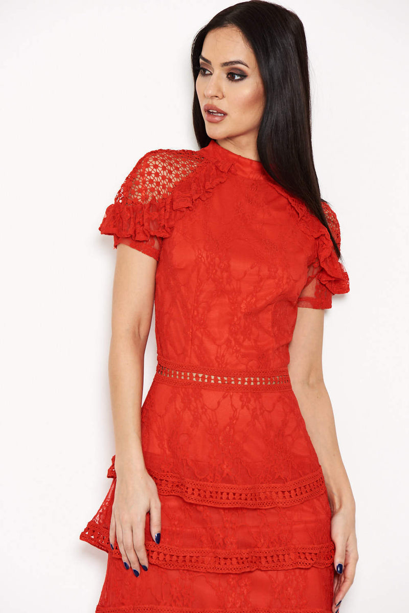 Red High Neck Lace Layer Frill Mini Dress AX Paris