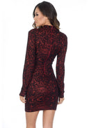 Red High Neck Long Sleeved Printed Bodycon Dress