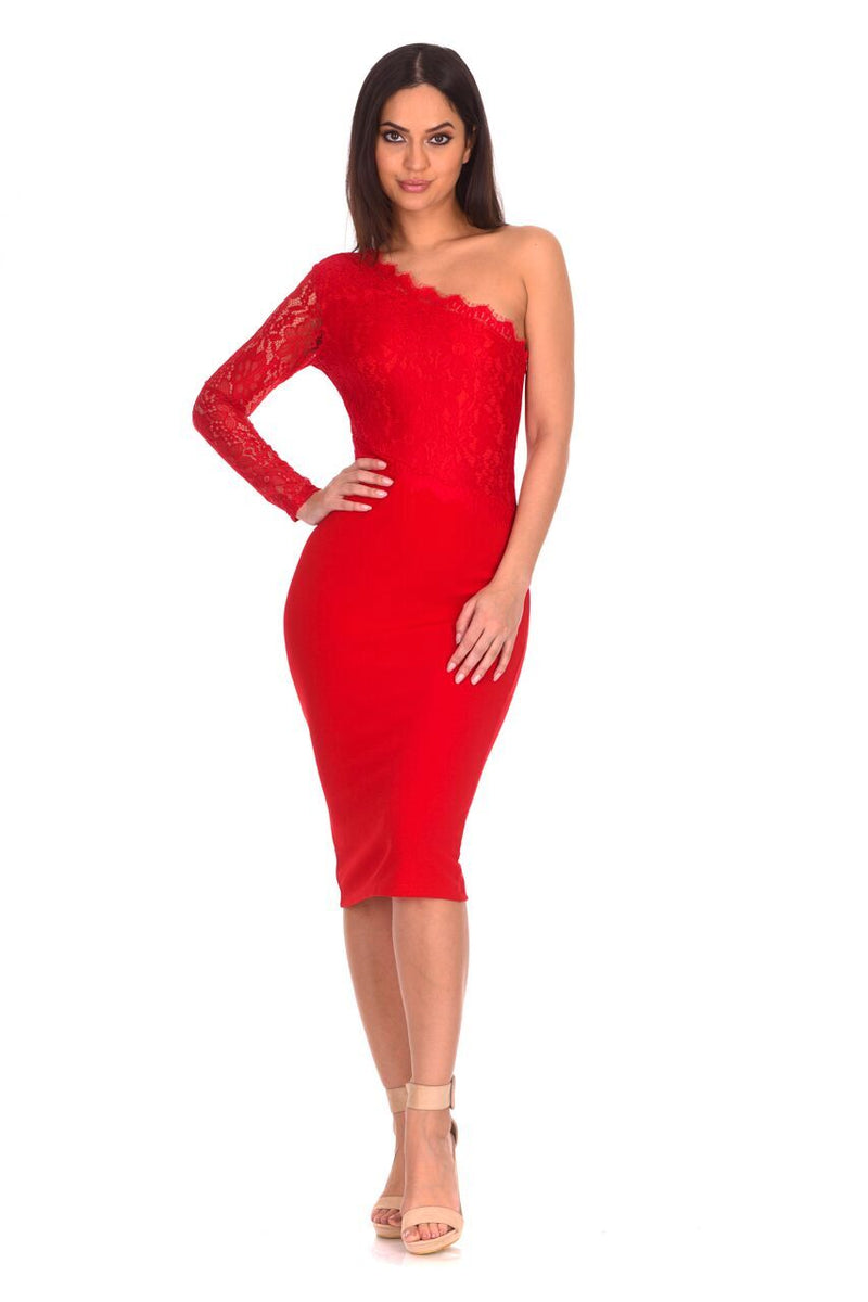 Red Lace Detail Asymmetric Midi Dress