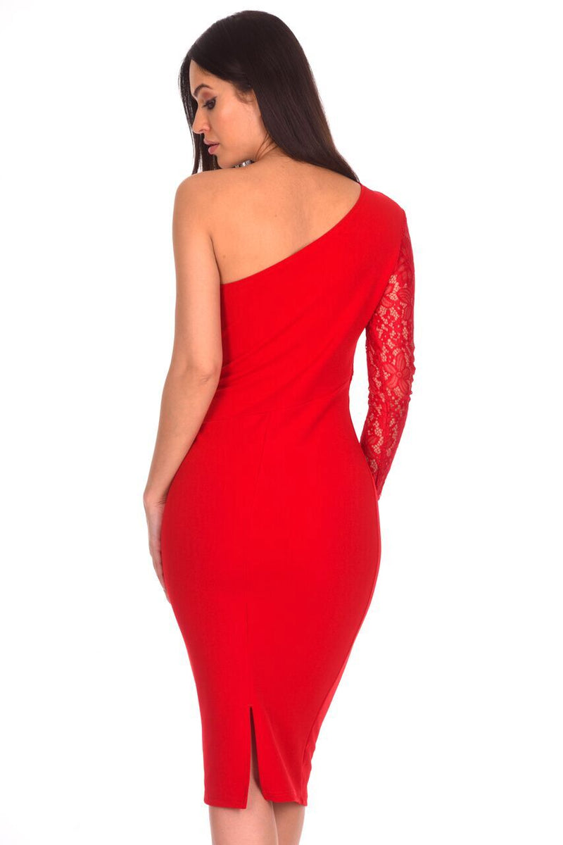 Red Lace Detail Asymmetric Midi Dress