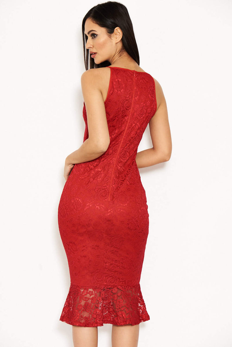 Red Lace Fishtail Midi Dress