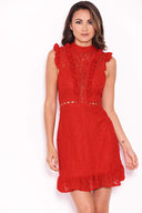 Red Lace Frill Detail Dress