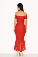 Red Lace Notch Front Detail Midi Dress