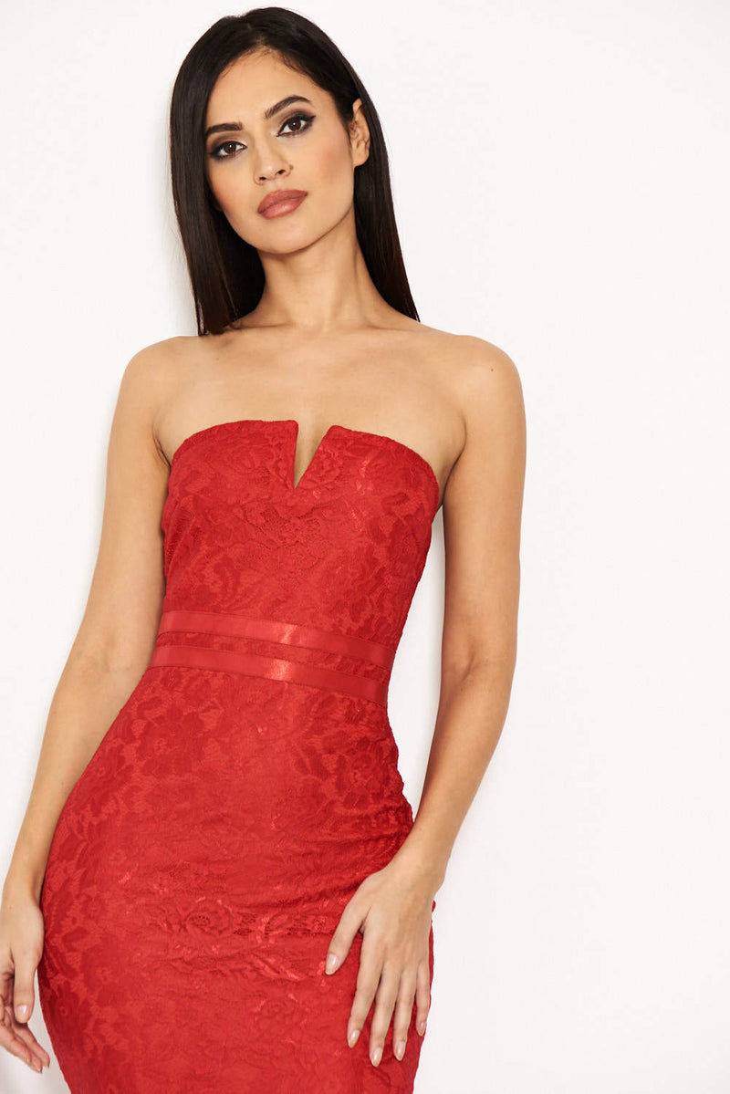Red Lace Notch Front Midi Dress