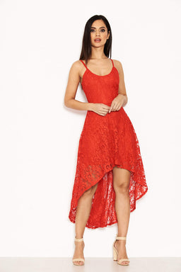 Red Lace Strappy Waterfall Front Dress