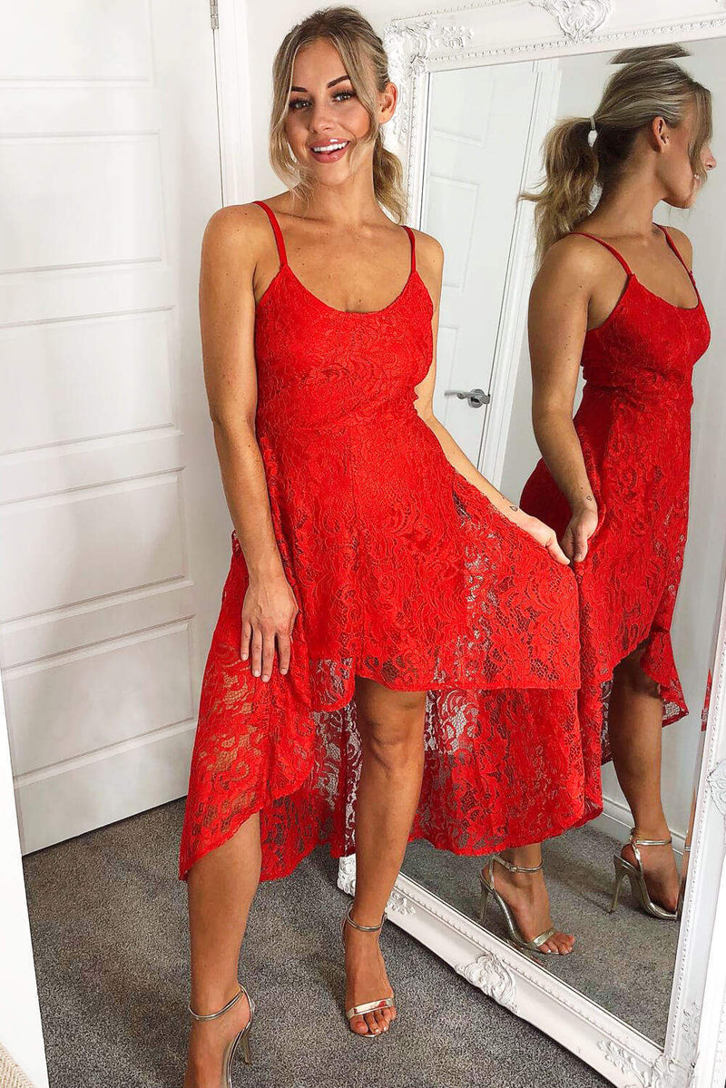 Red Lace Strappy Waterfall Front Dress