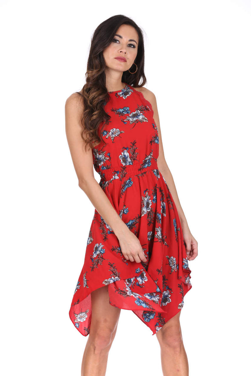 Red Large Floral Print Swing Dress