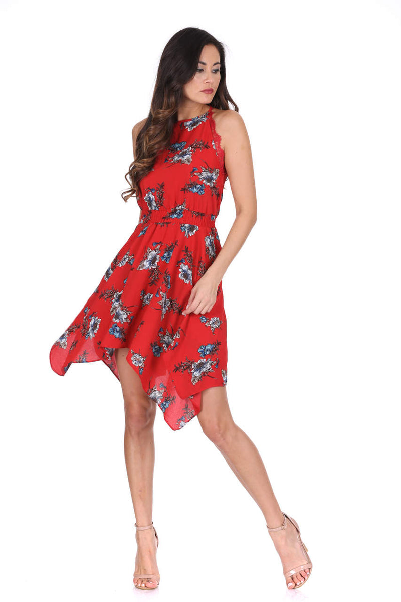 Red Large Floral Print Swing Dress