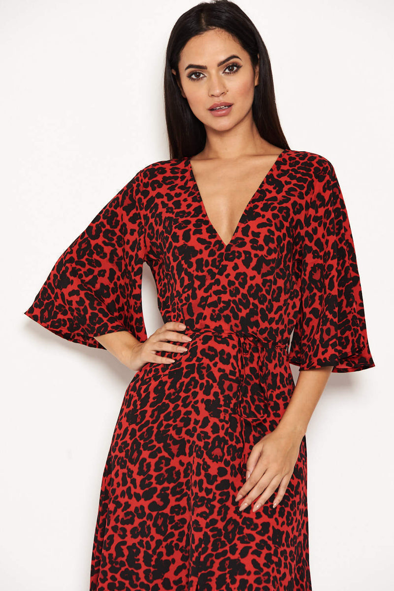 ax paris red leopard print dress Maxi Dress Animal Print Wrap Dress Ax Paris Red Animal Print Dress Red Animal Print Tie Side Wrap Over Midi