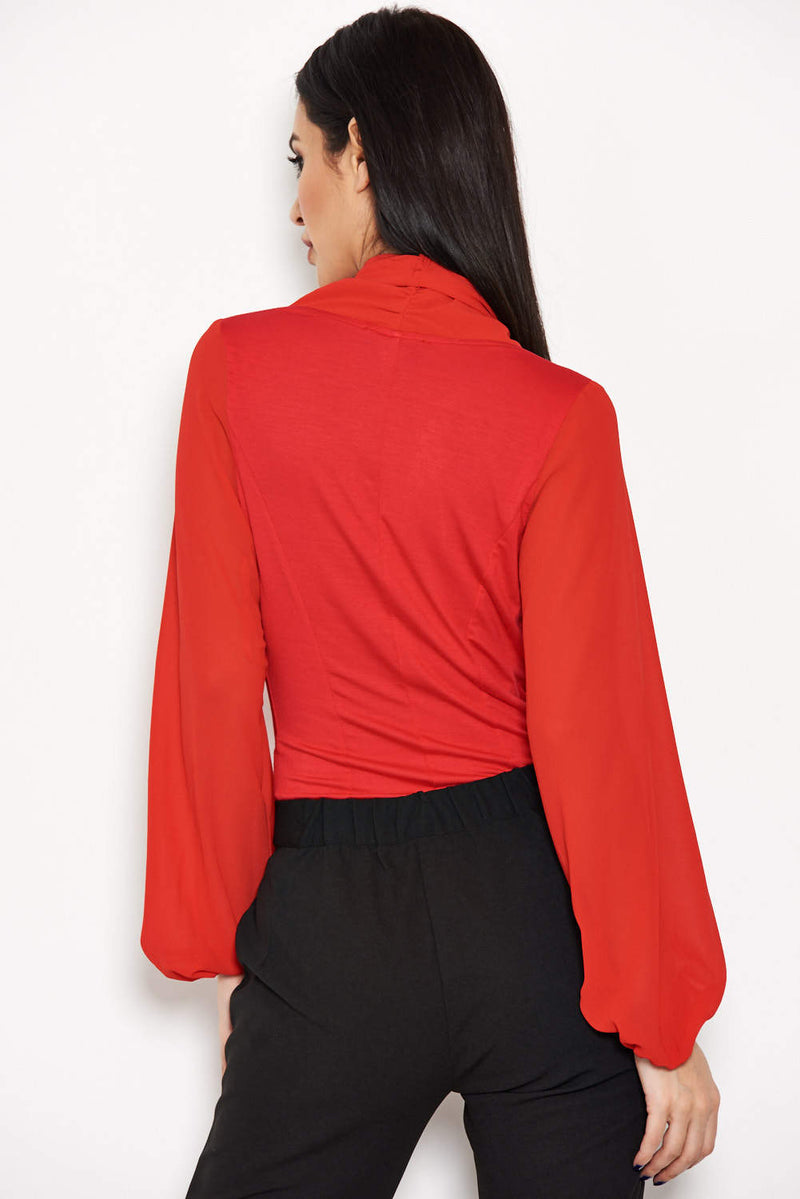 Red Mesh Detail Sleeved Bodysuit