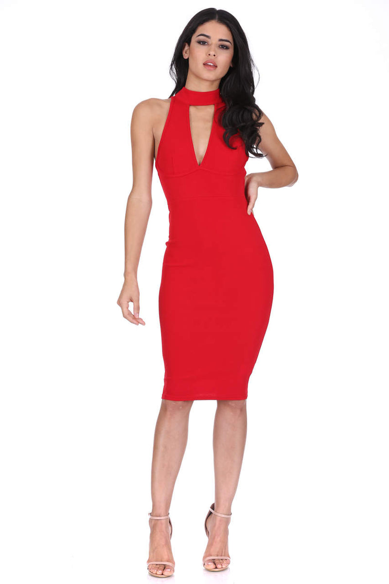 Red Choker Neck Midi Dress