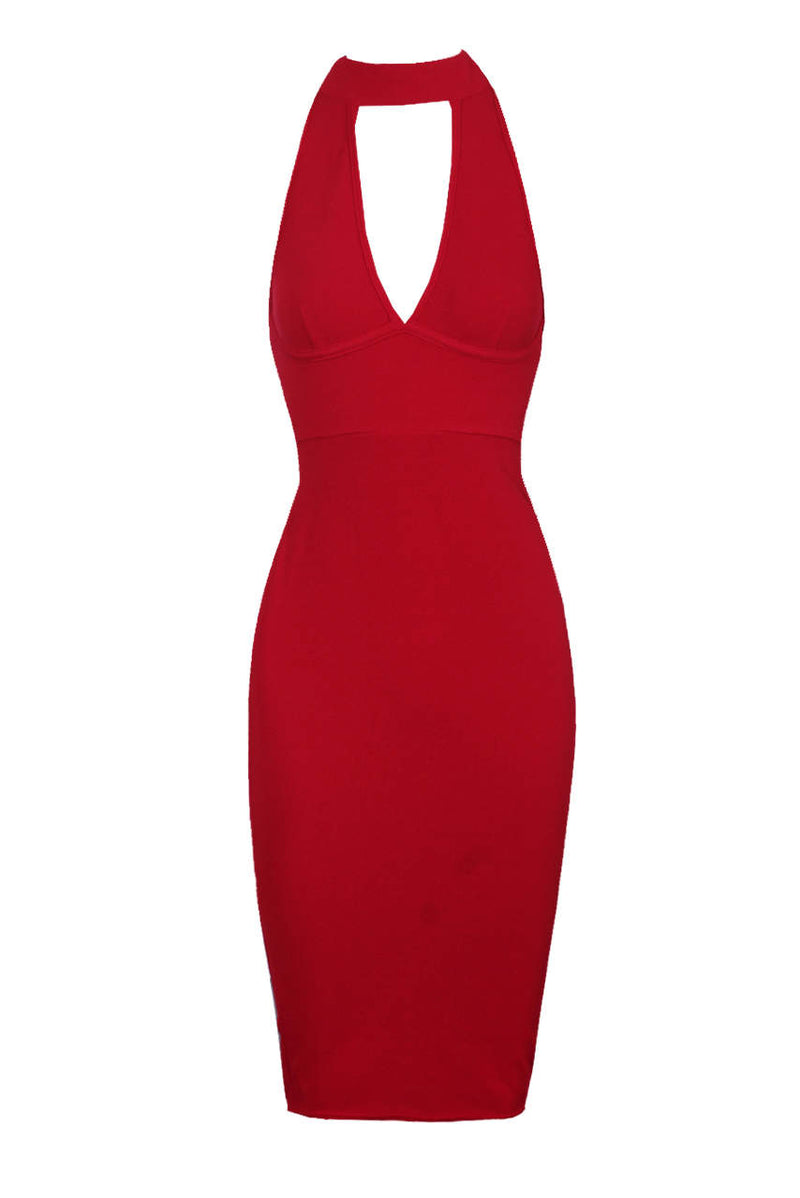 red dress with choker Plunge Front Choker Detail Draped Frill Midi Dress In Red | EGO US