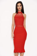 Red Midi Dress With Crochet Detail