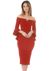 Red Notch Front Frill Sleeve Midi Dress