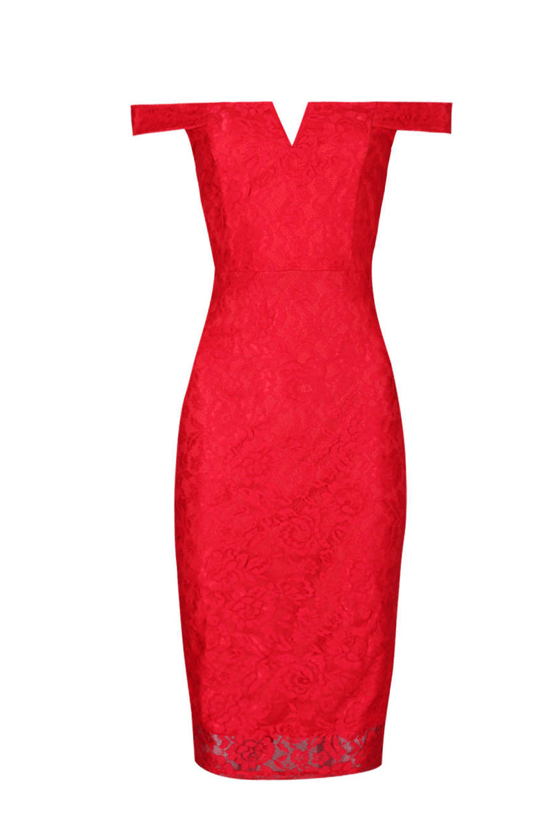 Red Lace Bardot Midi Dress AX Paris Red Lace Bardot Midi Dress AX Paris